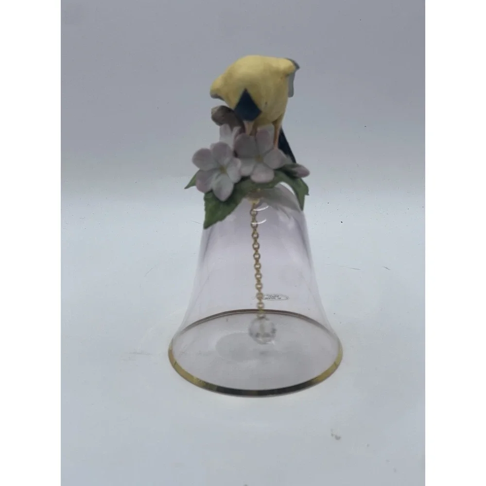 Vintage Made in Japan Porcelain Bird Bell – Goldfinch Figurine with Crystal Pull